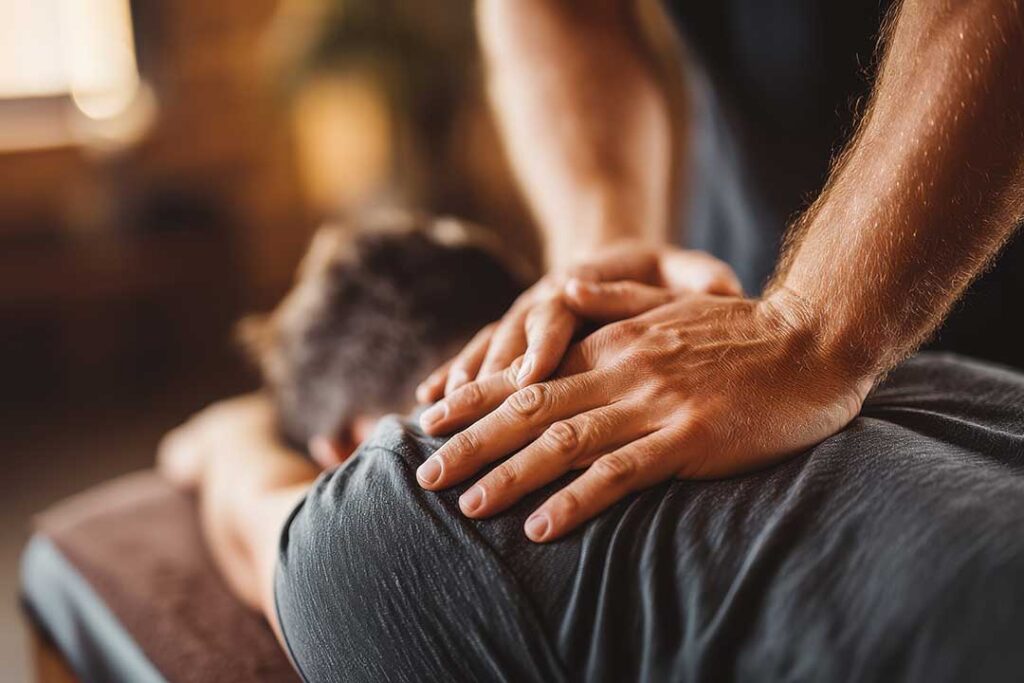 Person using gentle stretching and slow breathing on a mat in a quiet home setting.